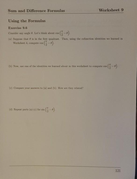 Solved Sum and Difference Formulas Worksheet 9 Using the | Chegg.com