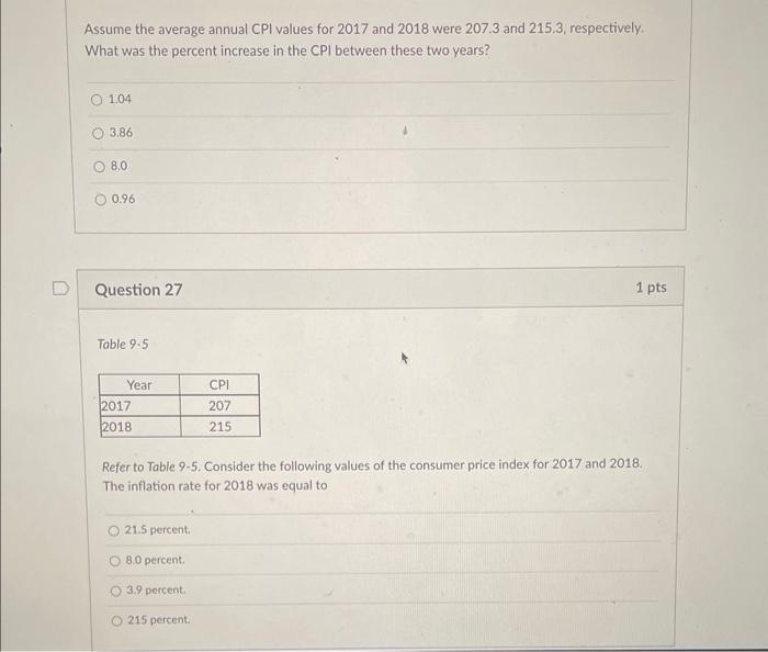 Assume the average annual CPI values for 2017 and 2018 were \( 207.3 \) and 215.3, respectively. What was the percent increas