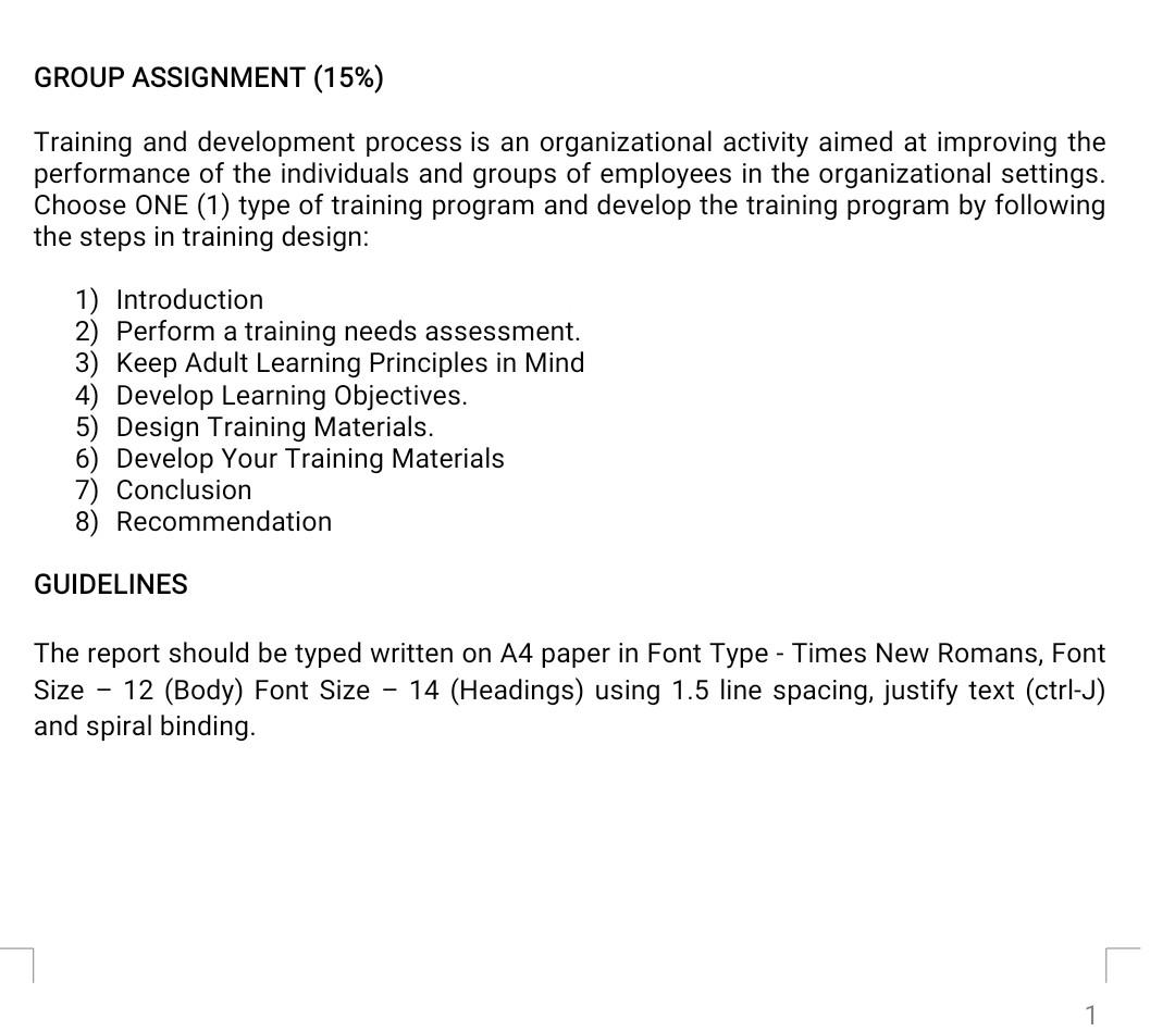 Solved GROUP ASSIGNMENT (15%) Training and development | Chegg.com
