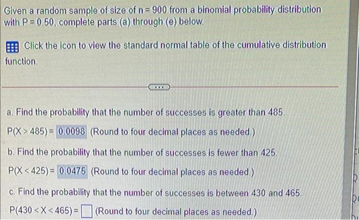 Solved Given a random sample of size of n=900 from a | Chegg.com