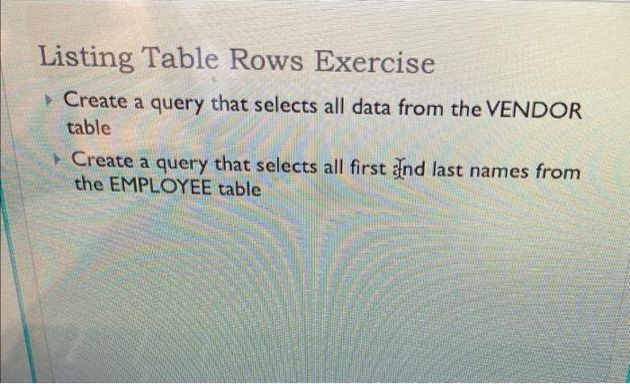 Solved Listing Table Rows Exercise Create a query that | Chegg.com