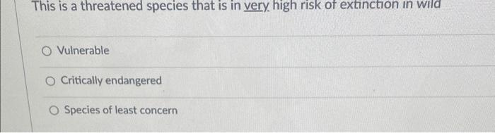 Solved This is a threatened species that is in very. high | Chegg.com