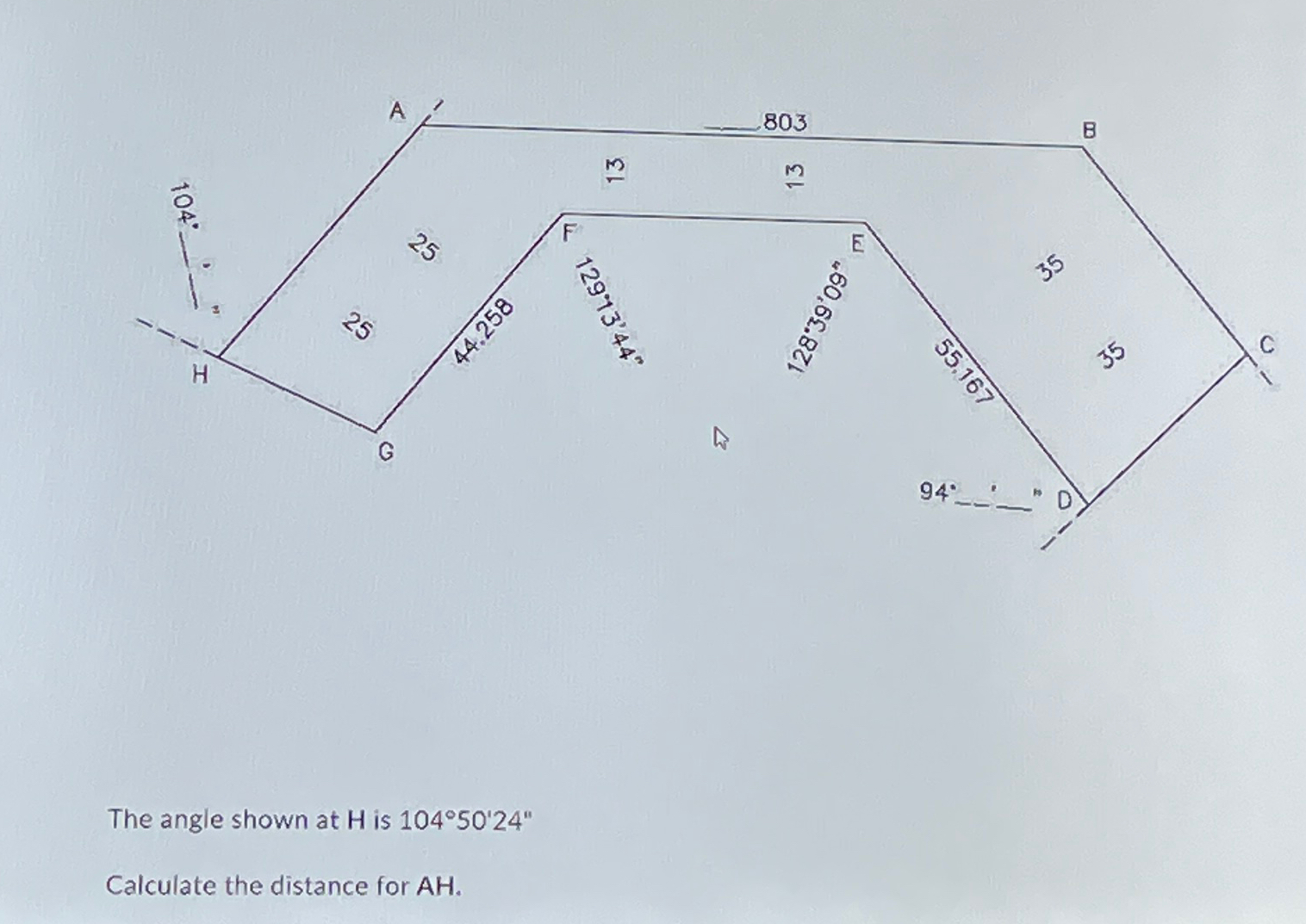 Solved The angle shown at H ﻿is 104°50'24''Calculate the | Chegg.com