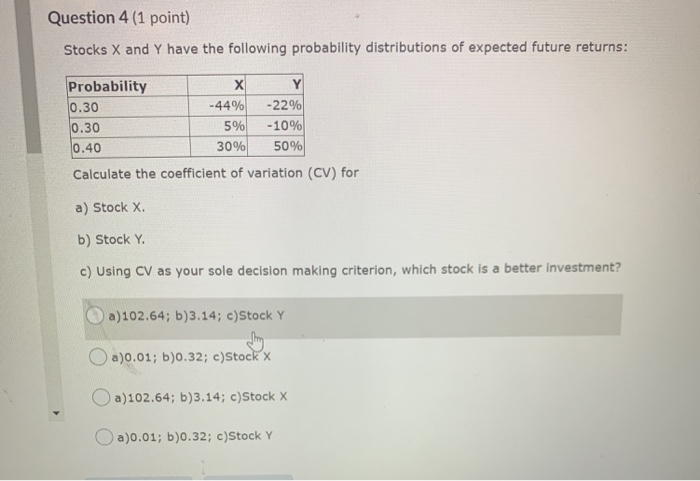 Solved Question 4 (1 Point) Stocks X And Y Have The | Chegg.com