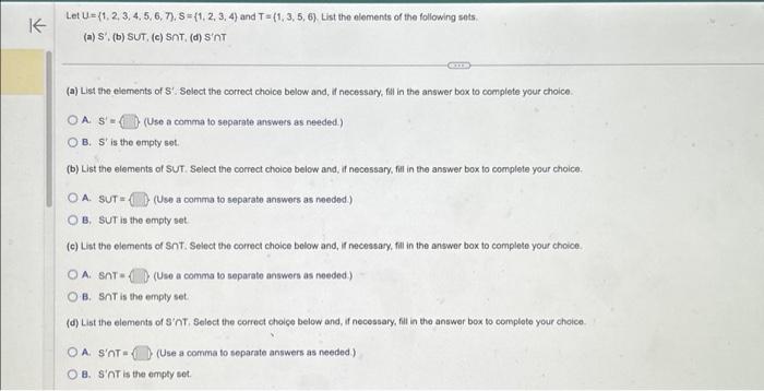 Solved K Let U= {1, 2, 3, 4, 5, 6, 7), S = {1, 2, 3, 4) And | Chegg.com