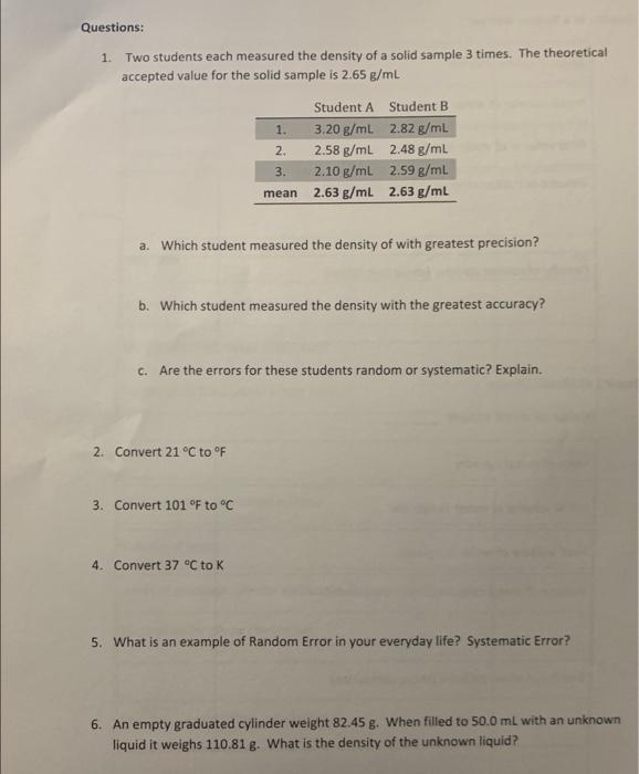 Solved Questions: 1. Two Students Each Measured The Density | Chegg.com