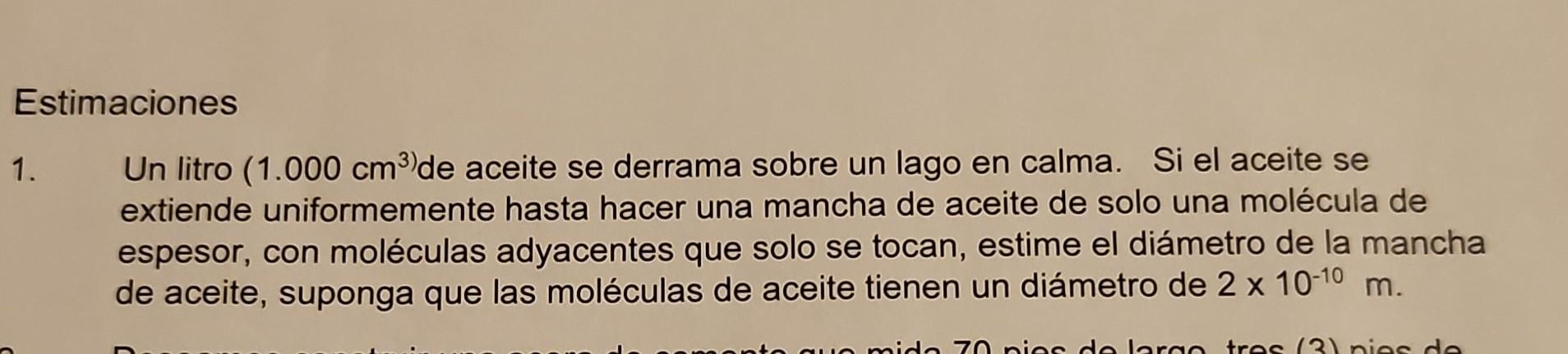 stimaciones Un litro \( \left(1.000 \mathrm{~cm}^{3}\right) \) de aceite se derrama sobre un lago en calma. Si el aceite se e