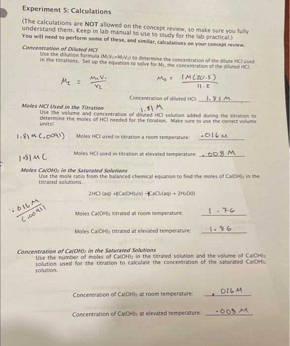 Solved Experiment 5 Calculations The Calculations Are Not