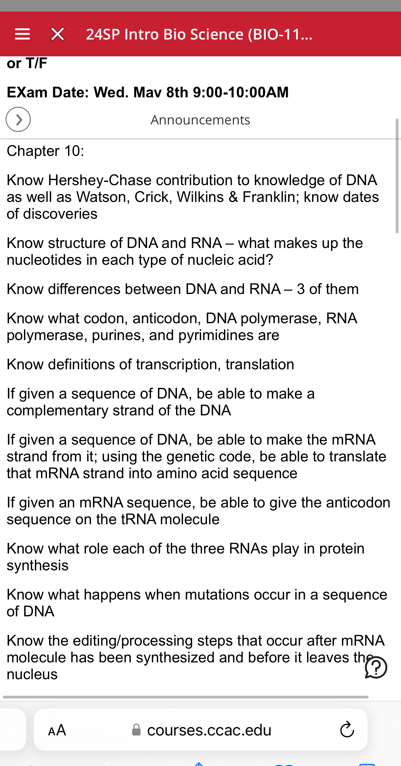 Solved 24SP Intro Bio Science (BIO-11...or T/FEXam Date: | Chegg.com