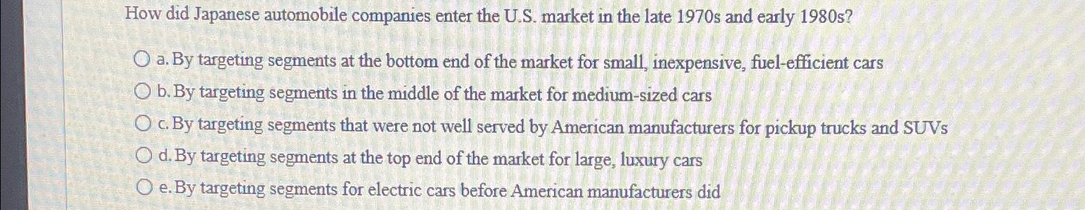 Solved How did Japanese automobile companies enter the U.S. | Chegg.com