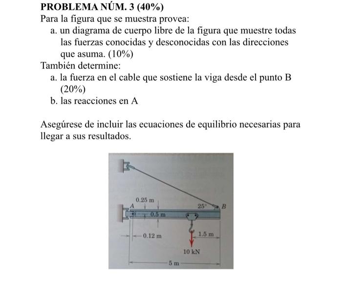 PROBLEMA NÚM. \( 3(40 \%) \) Para la figura que se muestra provea: a. un diagrama de cuerpo libre de la figura que muestre to