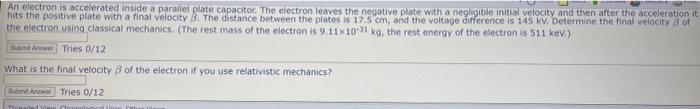 Solved An electron is accelerated inside a parallel plate | Chegg.com