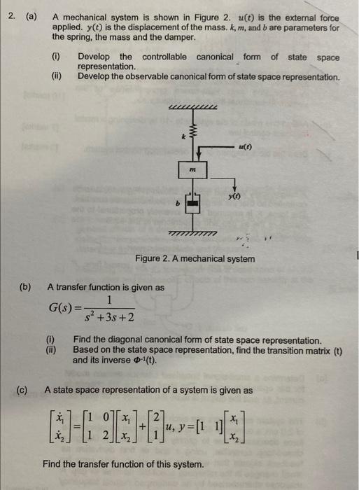 Solved 2. (a) A mechanical system is shown in Figure 2. u(t) | Chegg.com