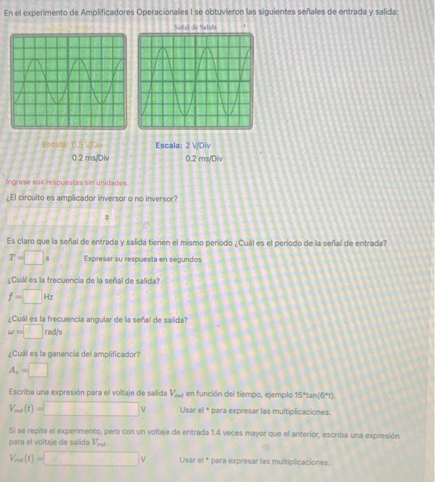 En el experimento de Amplificadores Operacionales I se obtuvieron las siguientes señales de entrada y salida: Eneng: \( 0.5 \
