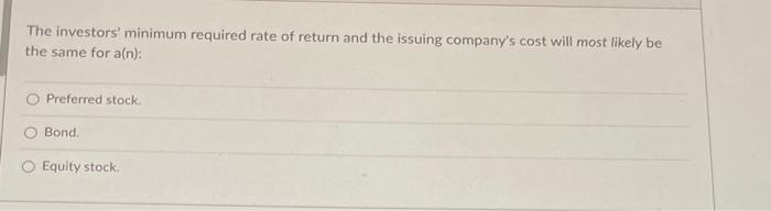 Solved The investors' minimum required rate of return and | Chegg.com