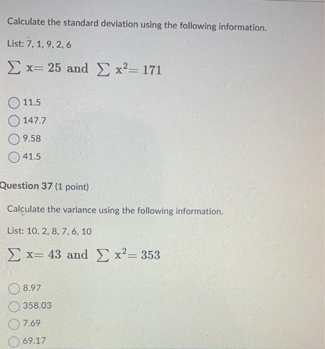 Solved Calculate the standard deviation using the following 