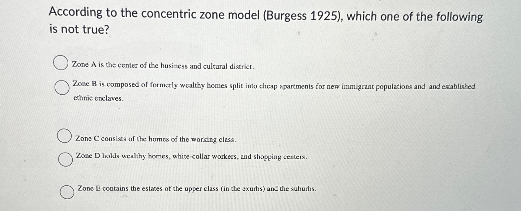 Solved According to the concentric zone model (Burgess | Chegg.com