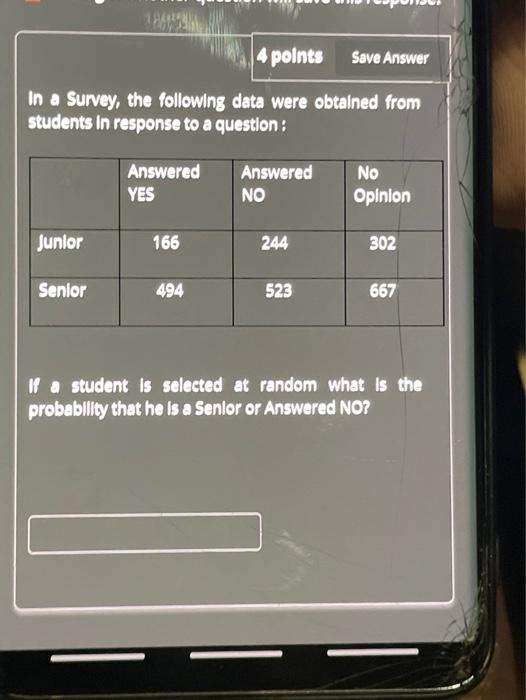 Solved 4 points Save Answer In a Survey, the following data | Chegg.com