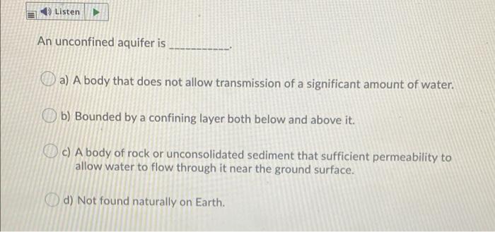 Solved Listen An unconfined aquifer is a) A body that does | Chegg.com