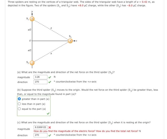 Three spiders are resting on the vertices of a triangular web. The sides of the triangular web have a length of \( a=0.42 \ma