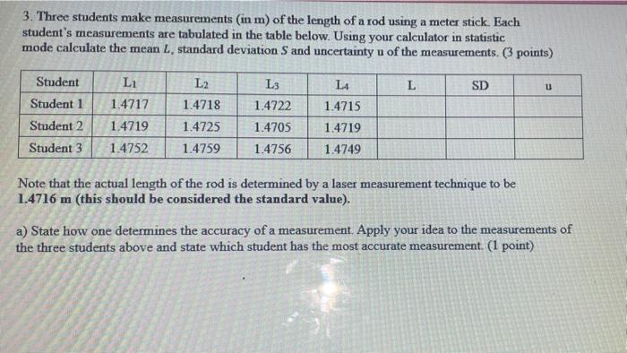 Solved 3. Three students make measurements in m) of the | Chegg.com