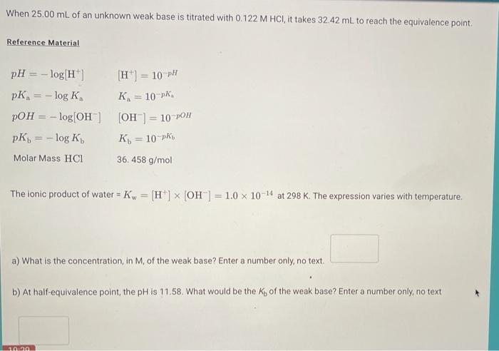 Solved When 25.00 mL of an unknown weak base is titrated | Chegg.com