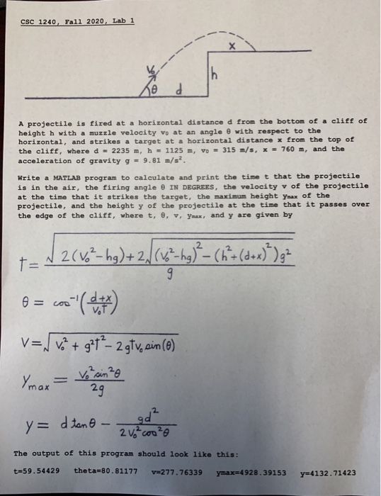 Solved Csc 1240 Fall Lab 1 H Th Ho D A Projectile Is Chegg Com