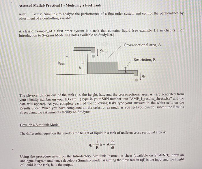 Assessed Matlab Practical 1 - Modelling a Fuel Tank | Chegg.com
