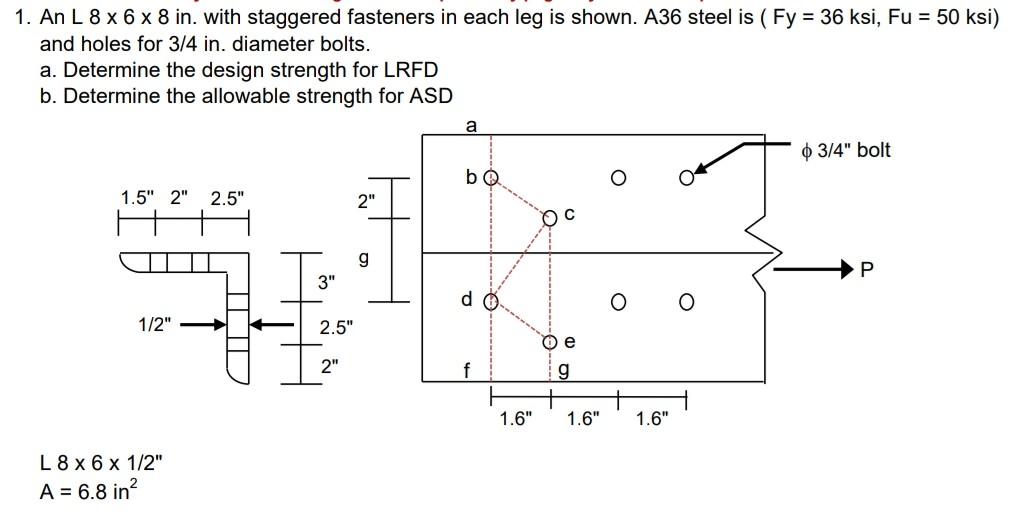 1. An L8×6×8 in. with staggered fasteners in each leg