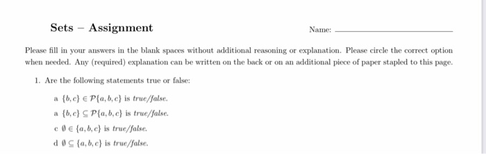 Text Set Assignment Examples Solved Sets - Assignment Name: Please fill in your answers | Chegg.com