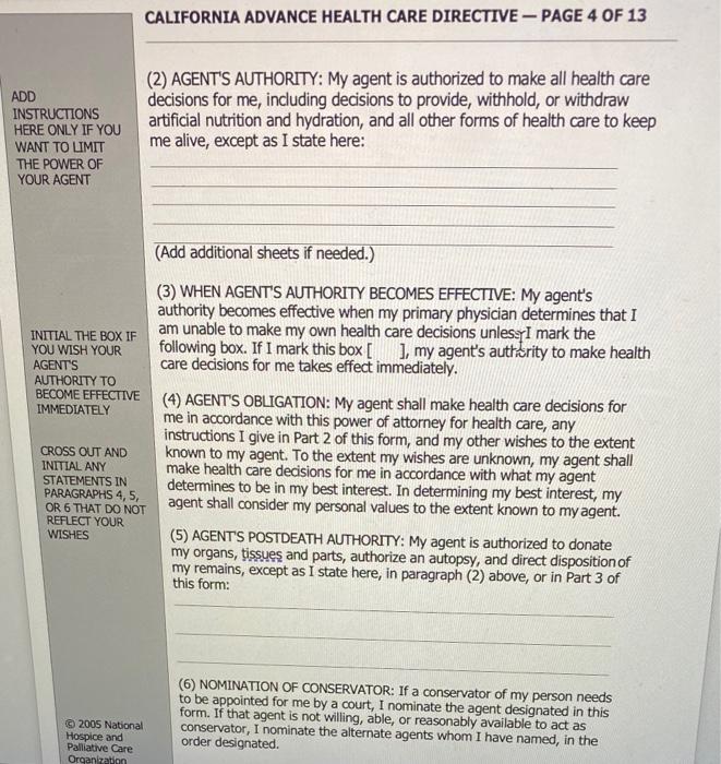 Solved CALIFORNIA ADVANCE HEALTH CARE DIRECTIVE - PAGE 4 OF | Chegg.com