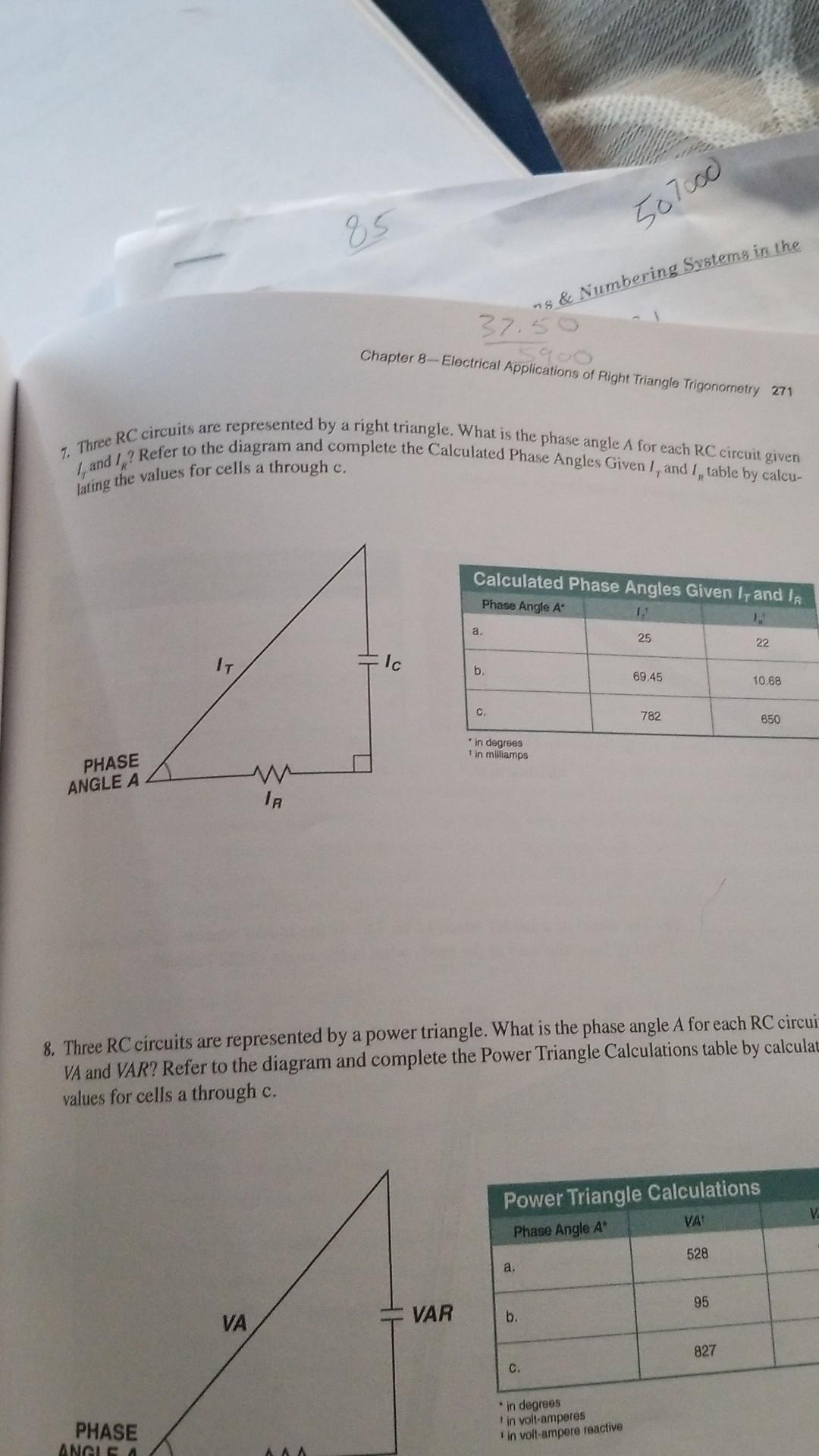 1. Three \( \mathrm{RC} \) circuits are represented by a right triangle. What is the phase angle \( A \) for each \( \mathrm{