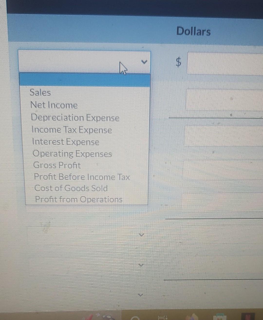 Solved Dollars Sales Net Income Depreciation Expense Income | Chegg.com