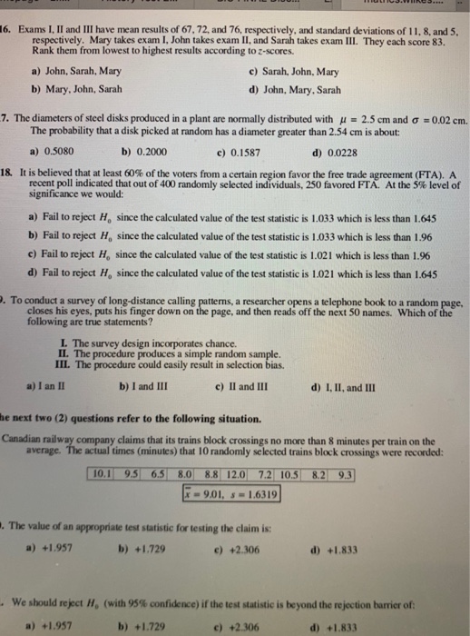 Solved 16. Exams I, II and III have mean results of 67, 72, | Chegg.com