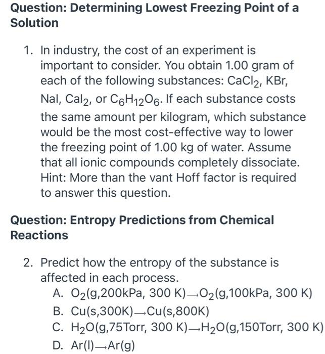 Solved Question Determining Lowest Freezing Point of a