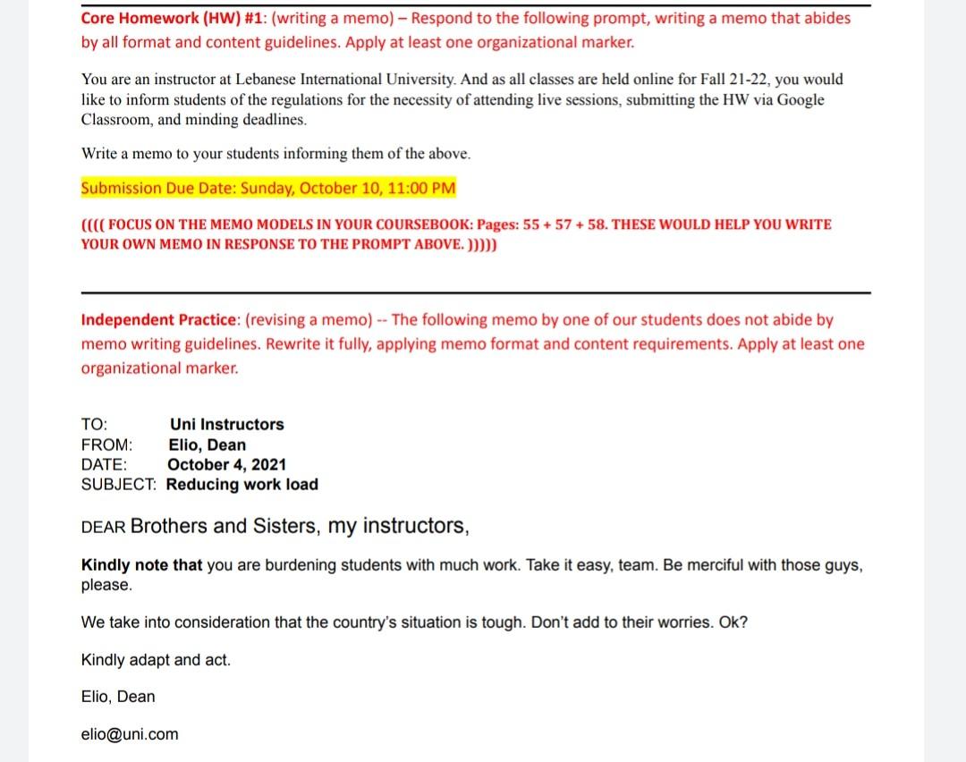 Solved Core Homework (HW) #1: (writing a memo) - Respond to | Chegg.com
