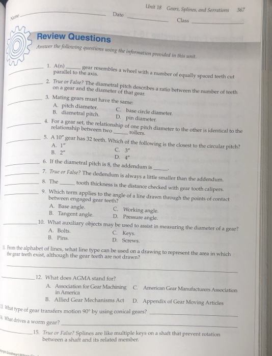 Solved Unit 18 Gears Splines And Serrations 367 Date Cl Chegg Com