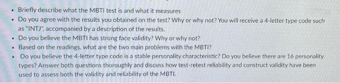 Solved Briefly describe what the MBTI test is and what it | Chegg.com
