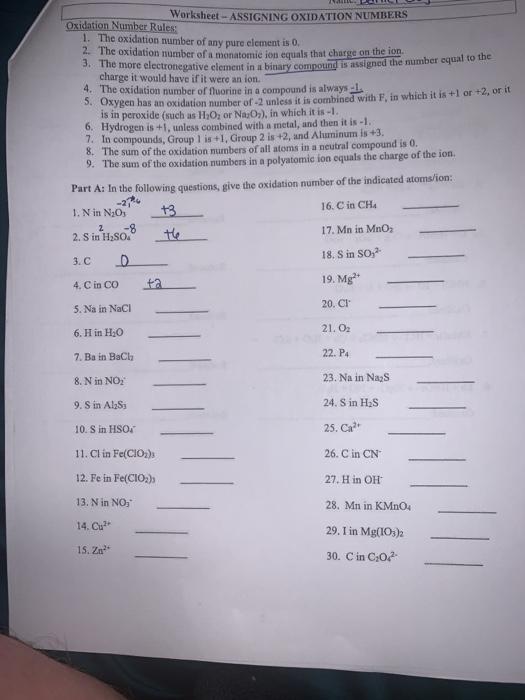 Worksheet Assigning Oxidation Numbers Oxidation Chegg 