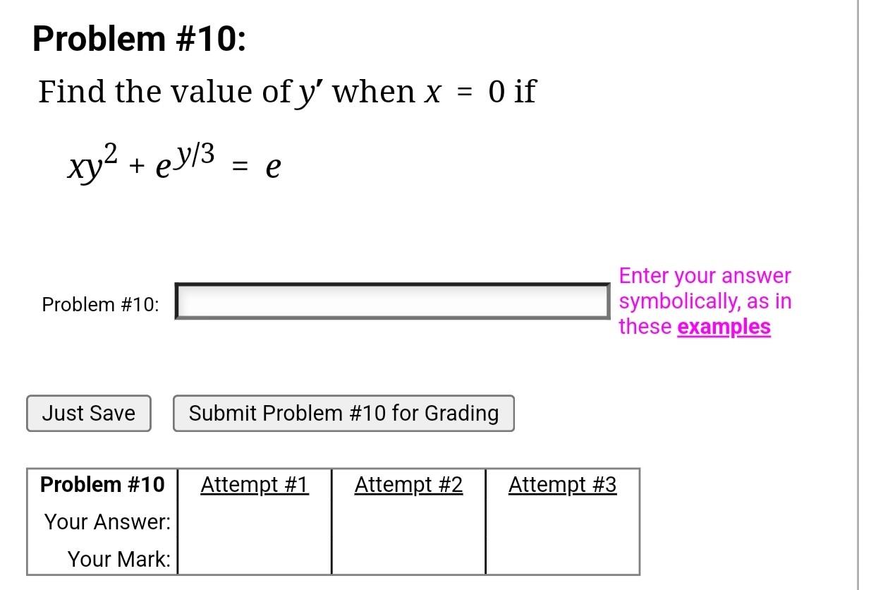 Solved Problem #10: Find the value of y' when x = 0 if xy2 + | Chegg.com