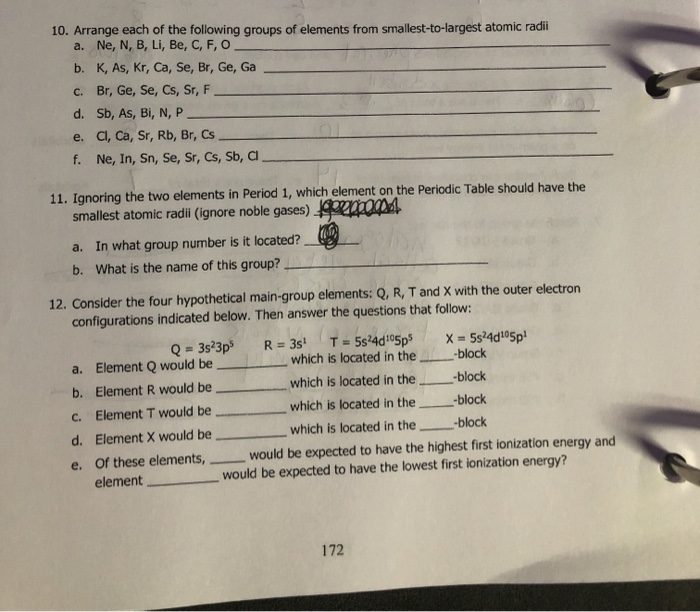 Solved 10 Arrange Each Of The Following Groups Of Elemen Chegg Com