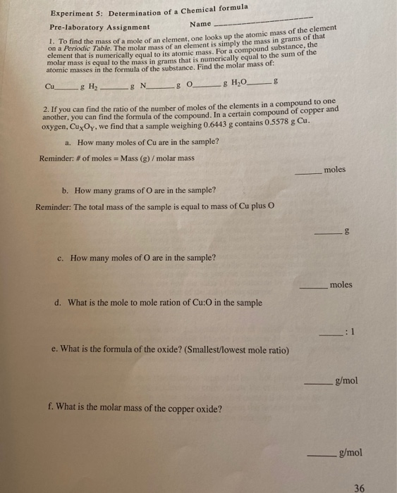 Solved Experiment 5 Determination Of A Chemical Formula Chegg Com