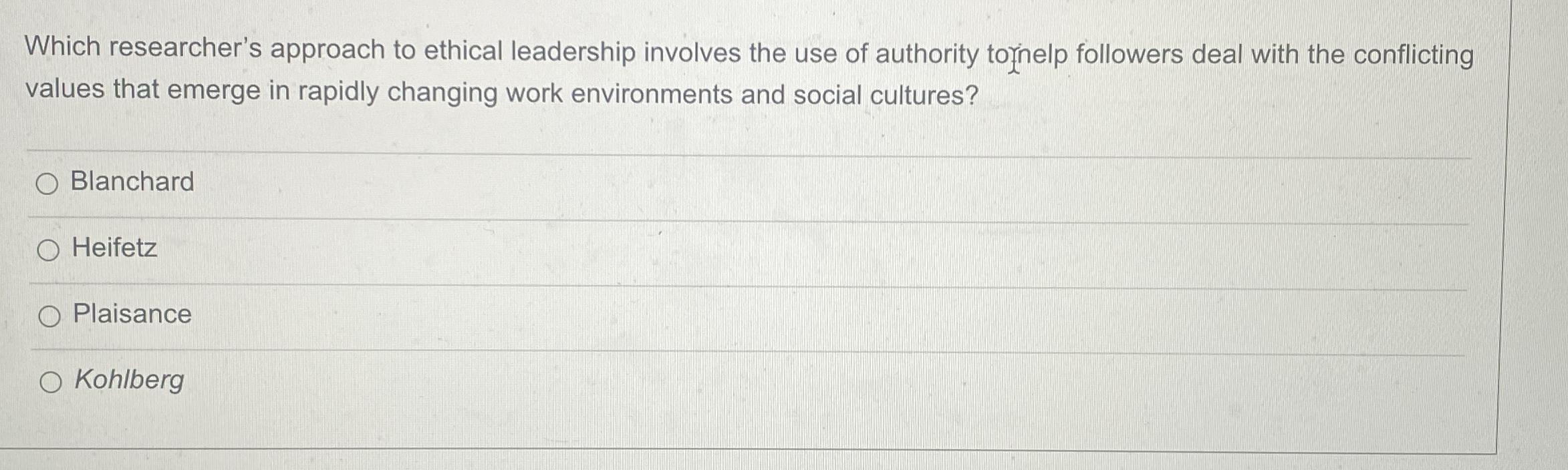 Solved Which researcher's approach to ethical leadership | Chegg.com