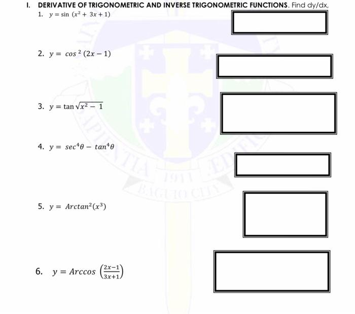 Solved I Derivative Of Trigonometric And Inverse Chegg Com