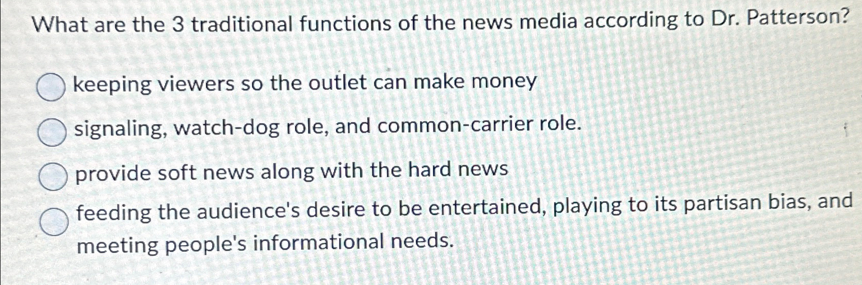 Solved What are the 3 ﻿traditional functions of the news | Chegg.com
