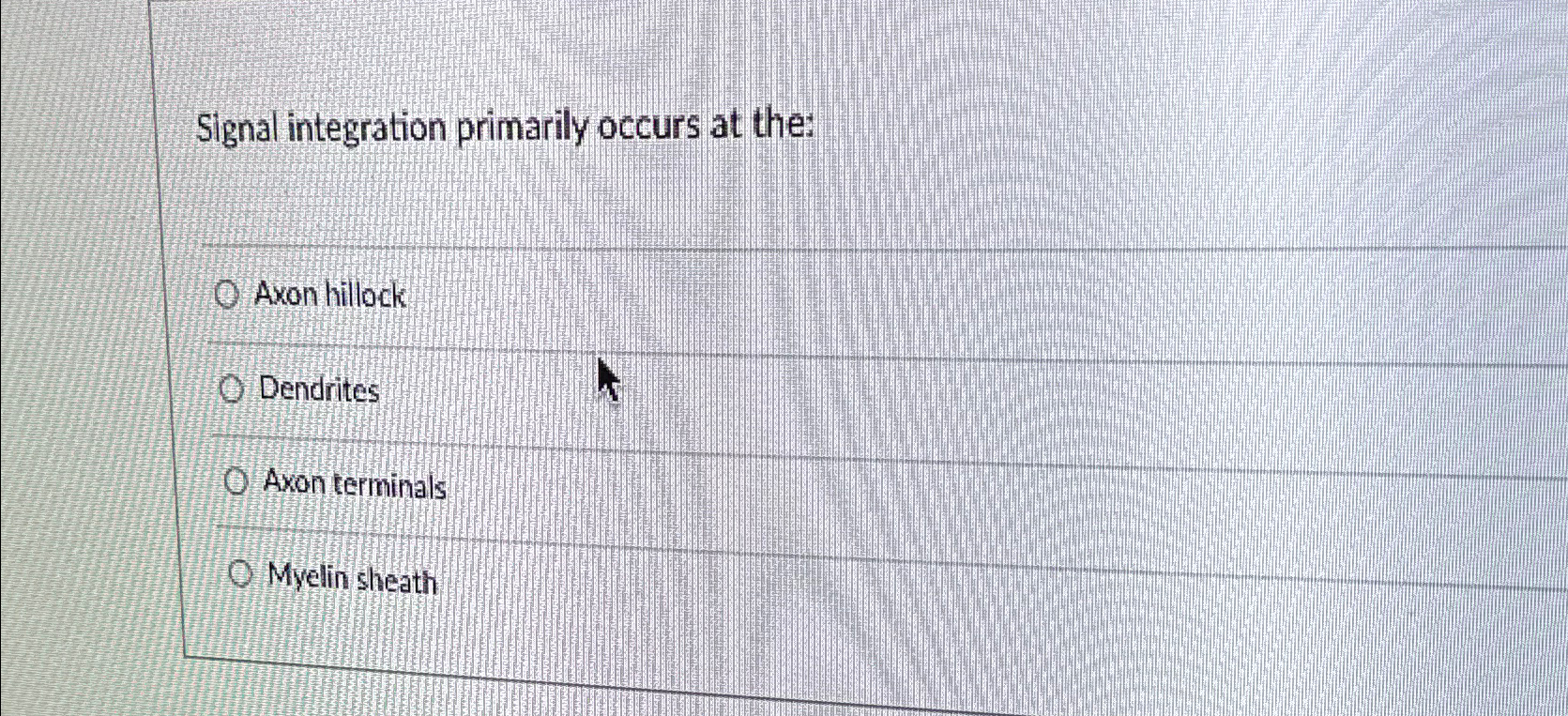 Solved Signal integration primarily occurs at the:Axon | Chegg.com