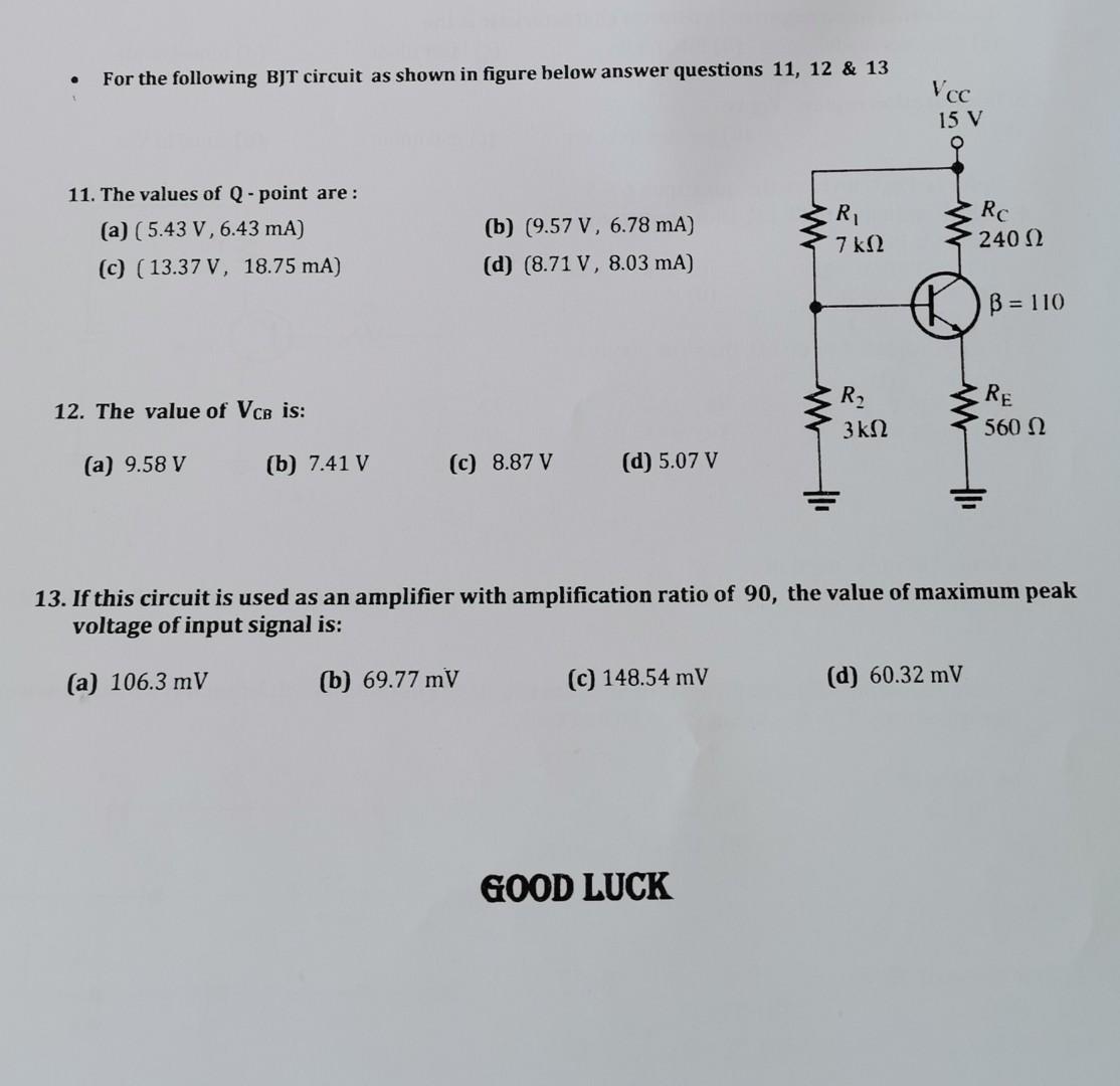 Solved For the following BJT circuit as shown in figure | Chegg.com