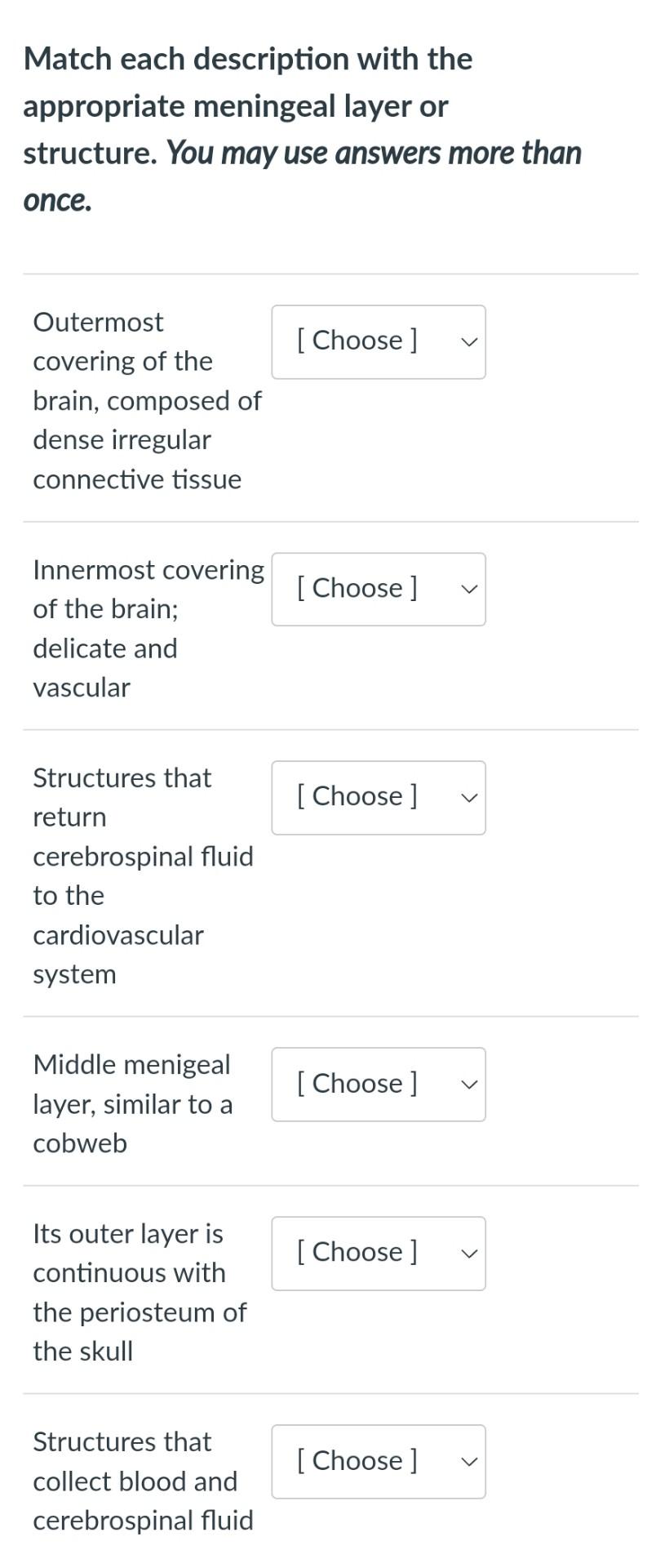 Solved Match each description with the appropriate meningeal | Chegg.com