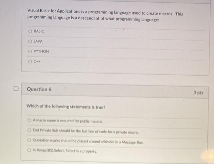 Solved Visual Basic for Applications is a programming | Chegg.com
