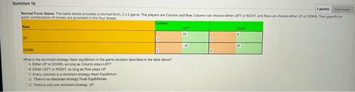 Solved Question 16 1 points Save Normal Form Game: The table | Chegg.com